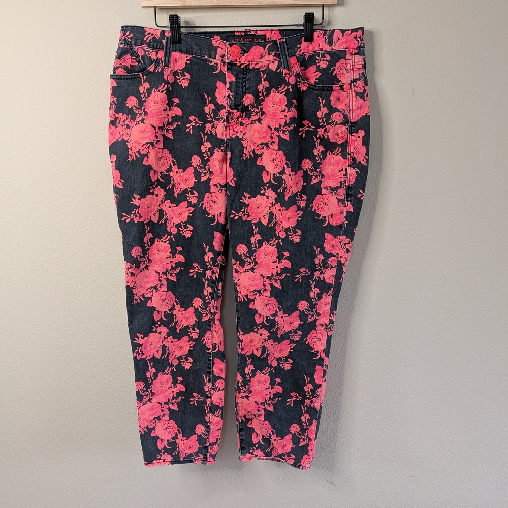 Rock & Republic Floral Print Jeans Size 16 Hamburg‎ Cropped Skinny